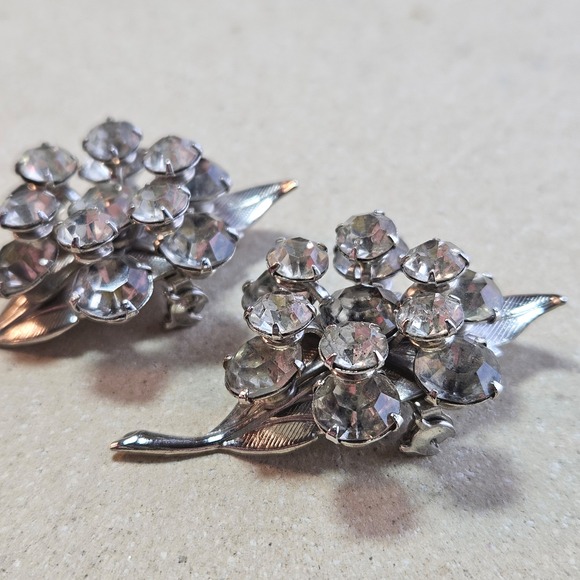 Vtg Silver Tone Rhinestone Leaf Flower Brooch Pin Set Lot 2 Wedding Boutonniere - Picture 3 of 4